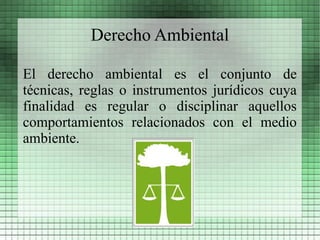 Derecho Ambiental

El derecho ambiental es el conjunto de
técnicas, reglas o instrumentos jurídicos cuya
finalidad es regular o disciplinar aquellos
comportamientos relacionados con el medio
ambiente.
 