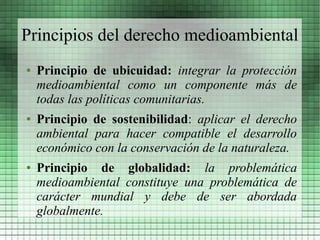 Principios del derecho medioambiental
●   Principio de ubicuidad: integrar la protección
    medioambiental como un componente más de
    todas las políticas comunitarias.
●   Principio de sostenibilidad: aplicar el derecho
    ambiental para hacer compatible el desarrollo
    económico con la conservación de la naturaleza.
●   Principio de globalidad: la problemática
    medioambiental constituye una problemática de
    carácter mundial y debe de ser abordada
    globalmente.
 