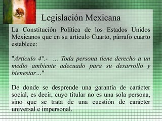 Legislación Mexicana
La Constitución Política de los Estados Unidos
Mexicanos que en su artículo Cuarto, párrafo cuarto
establece:

"Artículo 4°.- … Toda persona tiene derecho a un
medio ambiente adecuado para su desarrollo y
bienestar…"

De donde se desprende una garantía de carácter
social, es decir, cuyo titular no es una sola persona,
sino que se trata de una cuestión de carácter
universal e impersonal.
 
