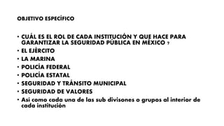 OBJETIVO ESPECÍFICO
• CUÁL ES EL ROL DE CADA INSTITUCIÓN Y QUE HACE PARA
GARANTIZAR LA SEGURIDAD PÚBLICA EN MÉXICO ?
• EL EJÉRCITO
• LA MARINA
• POLICÍA FEDERAL
• POLICÍA ESTATAL
• SEGURIDAD Y TRÁNSITO MUNICIPAL
• SEGURIDAD DE VALORES
• Así como cada una de las sub divisones o grupos al interior de
cada institución
 