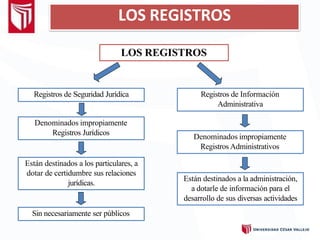 LOS REGISTROS
Registros de Seguridad Jurídica
Denominados impropiamente
Registros Jurídicos
Están destinados a los particulares, a
dotar de certidumbre sus relaciones
jurídicas.
Sin necesariamente ser públicos
Registros de Información
Administrativa
Denominados impropiamente
Registros Administrativos
Están destinados a la administración,
a dotarle de información para el
desarrollo de sus diversas actividades
LOS REGISTROS
 