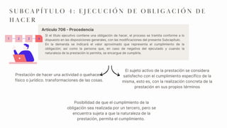Si el título ejecutivo contiene una obligación de hacer, el proceso se tramita conforme a lo
dispuesto en las disposiciones generales, con las modificaciones del presente Subcapítulo.
En la demanda se indicará el valor aproximado que representa el cumplimiento de la
obligación; así como la persona que, en caso de negativa del ejecutado y cuando la
naturaleza de la prestación lo permita, se encargue de cumplirla.
Prestación de hacer una actividad o quehacer
físico o jurídico. transformaciones de las cosas.
El sujeto activo de la prestación se considera
satisfecho con el cumplimiento específico de la
misma, esto es, con la realización concreta de la
prestación en sus propios términos
S U B C A P Í T U L O 4 : E J E C U C I Ó N D E O B L I G A C I Ó N D E
H A C E R
Artículo 706 - Procedencia
Posibilidad de que el cumplimiento de la
obligación sea realizada por un tercero, pero se
encuentra sujeta a que la naturaleza de la
prestación, permita el cumplimiento.
 