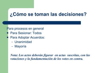 ¿Cómo se toman las decisiones? Para procesos en general  Para Sesionar: Todos Para Adoptar Acuerdos: Unanimidad  Mayoría Nota: Los actos deberán figurar  en actas  suscritas, con las votaciones y la fundamentación de los votos en contra.   