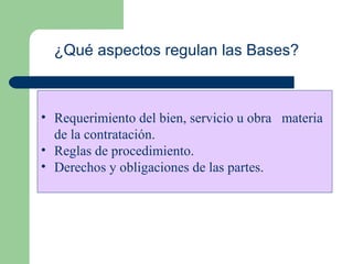 Requerimiento del bien, servicio u obra  materia de la contratación. Reglas de procedimiento. Derechos y obligaciones de las partes. ¿Qué aspectos regulan las Bases? 