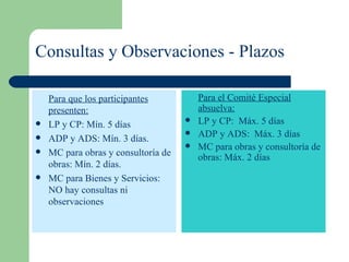 Consultas y Observaciones - Plazos Para que los participantes presenten: LP y CP: Mín. 5 días ADP y ADS: Mín. 3 días. MC para obras y consultoría de obras: Mín. 2 días. MC para Bienes y Servicios: NO hay consultas ni observaciones Para el Comité Especial absuelva: LP y CP:  Máx. 5 días ADP y ADS:  Máx. 3 días MC para obras y consultoría de obras: Máx. 2 días 