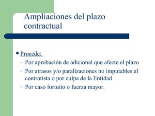 Ampliaciones del plazo contractual Procede:  Por aprobación de adicional que afecte el plazo Por atrasos y/o paralizaciones no imputables al contratista o por culpa de la Entidad Por caso fortuito o fuerza mayor. 
