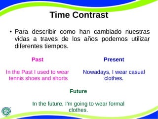 Time Contrast 
● Para describir como han cambiado nuestras 
vidas a traves de los años podemos utilizar 
diferentes tiempos. 
Past 
In the Past I used to wear 
tennis shoes and shorts 
Present 
Nowadays, I wear casual 
clothes. 
Future 
In the future, I'm going to wear formal 
clothes. 
 
