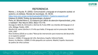 Martos, J. & Ayuda, R. (2002). Comunicación y lenguaje en el espectro autista: el
autismo y la disfasia. Revista de neurología, 34, 58-63.
https://scp.com.co/wp-content/uploads/2016/04/2.-Trastorno-espectro.pdf
Edelson,S.(2009).“Estilos de Aprendizaje y Autismo”
Peña JA, Montiel-Nava C. El trastorno por déficit de atención-hiperactividad ¿mito
o realidad?. Rev Neurol 2003; 36(2):173-179.
Azcoaga JE, Bello JA, Citrinovitz J, Derman B, Frutos WM. Los retardos del lenguaje en el
niño. Málaga: Paidós; 1995
Monfort M, Juárez Sánchez A. El niño que habla. El lenguaje oral en preescolar. Madrid:
CEPE; 1997
Nora Grañana (2014) en su obra “Manual de intervención para trastornos del desarrollo
en el espectro autista”
Bruner, J. (1986). El lenguaje del niño. Barcelona, España: Editorial Paidós
Riviere, A y Martos, J (2000). El niño pequeño con autismo. Madrid, España: Asociación
de padres de niños autistas
REFERENCIA
 