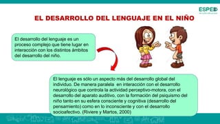 EL DESARROLLO DEL LENGUAJE EN EL NIÑO
El desarrollo del lenguaje es un
proceso complejo que tiene lugar en
interacción con los distintos ámbitos
del desarrollo del niño.
El lenguaje es sólo un aspecto más del desarrollo global del
individuo. De manera paralela en interacción con el desarrollo
neurológico que controla la actividad perceptivo-motora, con el
desarrollo del aparato auditivo, con la formación del psiquismo del
niño tanto en su esfera consciente y cognitiva (desarrollo del
pensamiento) como en lo inconsciente y con el desarrollo
socioafectivo. (Riviere y Martos, 2000)
 