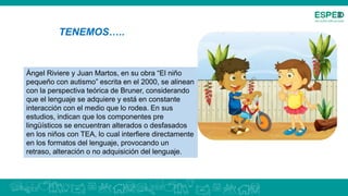 Ángel Riviere y Juan Martos, en su obra “El niño
pequeño con autismo” escrita en el 2000, se alinean
con la perspectiva teórica de Bruner, considerando
que el lenguaje se adquiere y está en constante
interacción con el medio que lo rodea. En sus
estudios, indican que los componentes pre
lingüísticos se encuentran alterados o desfasados
en los niños con TEA, lo cual interfiere directamente
en los formatos del lenguaje, provocando un
retraso, alteración o no adquisición del lenguaje.
TENEMOS…..
 