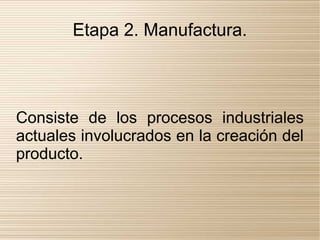 Etapa 2. Manufactura.



Consiste de los procesos industriales
actuales involucrados en la creación del
producto.
 