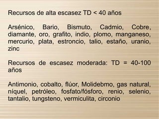 Recursos de alta escasez TD < 40 años

Arsénico, Bario, Bismuto, Cadmio, Cobre,
diamante, oro, grafito, indio, plomo, manganeso,
mercurio, plata, estroncio, talio, estaño, uranio,
zinc

Recursos de escasez moderada: TD = 40-100
años

Antimonio, cobalto, flúor, Molidebmo, gas natural,
níquel, petróleo, fosfato/fósforo, renio, selenio,
tantalio, tungsteno, vermiculita, circonio
 