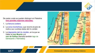 De oeste a este se pueden distinguir en Palestina
tres grandes regiones naturales:
1. La llanura costera
2. La zona montañosa, que recorre el país de
norte a sur a ambos lados del río Jordán
3. La depresión del río Jordán, en la que se
hallan el mar Muerto y el
mar de Galilea (llamado también lago de
Genesaret o Tiberíades)
 