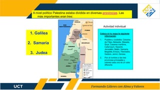 A nivel político Palestina estaba dividida en diversas provincias. Las
más importantes eran tres:
Coloca en tu mapa la siguiente
información:
1. Pueblos y ciudades: Cesarea
de Filipo, Betsaida, Masada,
Sicar, Cesarea marítima,
Cafarnaum, Nazaret,
Jerusalén, Belén, Samaría,
Magdala, Emaús, Tiberíades,
Gadara, Jericó, Gerasa.
2. Pon el nombre a las tres
provincias principales y
colorea cada una de un color
diferente
Actividad individual
1. Galilea
2. Samaría
3. Judea
 