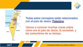 Todas estos conceptos están relacionados
con el país de Jesús: Palestina.
Vamos a conocer muchas cosas sobre
cómo era el país de Jesús, la sociedad, y
las costumbres de su tiempo.
 
