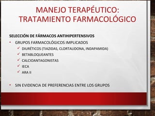 MANEJO TERAPÉUTICO:
TRATAMIENTO FARMACOLÓGICO
SELECCIÓN DE FÁRMACOS ANTIHIPERTENSIVOS
• GRUPOS FARMACOLÓGICOS IMPLICADOS
 DIURÉTICOS (TIAZIDAS, CLORTALIDONA, INDAPAMIDA)
 BETABLOQUEANTES
 CALCIOANTAGONISTAS
 IECA
 ARA II

•

SIN EVIDENCIA DE PREFERENCIAS ENTRE LOS GRUPOS

 