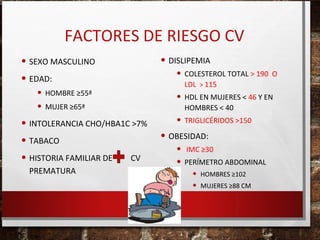 FACTORES DE RIESGO CV
• SEXO MASCULINO
• EDAD:
• HOMBRE ≥55ª
• MUJER ≥65ª

• DISLIPEMIA

• COLESTEROL TOTAL > 190 O
LDL > 115

• HDL EN MUJERES < 46 Y EN
HOMBRES < 40

• TRIGLICÉRIDOS >150
• INTOLERANCIA CHO/HBA1C >7%
• OBESIDAD:
• TABACO
• IMC ≥30
• HISTORIA FAMILIAR DE CV
• PERÍMETRO ABDOMINAL
PREMATURA

•
•

HOMBRES ≥102
MUJERES ≥88 CM

 
