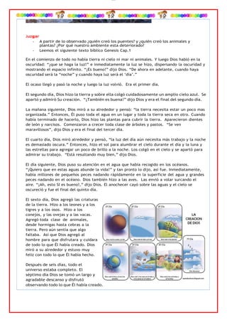lOMoAR cPSD|4267088
Juzgar
• A partir de lo observado ¿quién creó los puentes? y ¿quién creó los animales y
plantas? ¿Por qué nuestro ambiente esta deteriorado?
• Leemos el siguiente texto bíblico Genesis Cap.1
En el comienzo de todo no había tierra ni cielo ni mar ni animales. Y luego Dios habló en la
oscuridad: “¡que se haga la luz!” e inmediatamente la luz se hizo, dispersando la oscuridad y
mostrando el espacio infinito. “¡Es bueno!” dijo Dios. “De ahora en adelante, cuando haya
oscuridad será la “noche” y cuando haya luz será el ‘día’.”
El ocaso llegó y pasó la noche y luego la luz volvió. Era el primer día.
El segundo día, Dios hizo la tierra y sobre ella colgó cuidadosamente un amplio cielo azul. Se
apartó y admiró Su creación. “¡También es buena!” dijo Dios y era el final del segundo día.
La mañana siguiente, Dios miró a su alrededor y pensó: “la tierra necesita estar un poco mas
organizada.” Entonces, Él puso toda el agua en un lugar y toda la tierra seca en otro. Cuando
había terminado de hacerlo, Dios hizo las plantas para cubrir la tierra. Aparecieron dientes
de león y narcisos. Comenzaron a crecer toda clase de árboles y pastos. “Se ven
maravillosos”, dijo Dios y era el final del tercer día.
El cuarto día, Dios miró alrededor y pensó, “la luz del día aún necesita más trabajo y la noche
es demasiado oscura.” Entonces, hizo el sol para alumbrar el cielo durante el día y la luna y
las estrellas para agregar un poco de brillo a la noche. Los colgó en el cielo y se apartó para
admirar su trabajo. “Está resultando muy bien,” dijo Dios.
El día siguiente, Dios puso su atención en el agua que había recogido en los océanos.
“¡Quiero que en estas aguas abunde la vida!” y tan pronto lo dijo, así fue. Inmediatamente,
había millones de pequeños peces nadando rápidamente en la superficie del agua y grandes
peces nadando en el océano. Dios también hizo a las aves. Las envió a volar surcando el
aire. “¡Ah, esto SI es bueno!,” dijo Dios. El anochecer cayó sobre las aguas y el cielo se
oscureció y fue el final del quinto día.
El sexto día, Dios agregó las criaturas
de la tierra. Hizo a los leones y a los
tigres y a los osos. Hizo a los
conejos, y las ovejas y a las vacas.
Agregó toda clase de animales,
desde hormigas hasta cebras a la
tierra. Pero aún sentía que algo
faltaba. Así que Dios agregó al
hombre para que disfrutara y cuidara
de todo lo que Él había creado. Dios
miró a su alrededor y estuvo muy
feliz con todo lo que Él había hecho.
Después de seis días, todo el
universo estaba completo. El
séptimo día Dios se tomó un largo y
agradable descanso y disfrutó
observando todo lo que Él había creado.
 