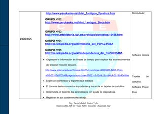 http://www.perukanko.net/hist_1antiguo_2preinca.htm                              Computador

              GRUPO Nº02:
              http://www.perukanko.net/hist_1antiguo_3inca.htm


              GRUPO Nº03:
              http://www.artehistoria.jcyl.es/cronicas/contextos/10456.htm
PROCESO
              GRUPO Nº04
              http://es.wikipedia.org/wiki/Historia_del_Per%C3%BA

              GRUPO Nº05
              http://es.wikipedia.org/wiki/Independencia_del_Per%C3%BA
                                                                                               Software Cronos
          •   Organizan la información en líneas de tiempo para explicar los acontecimientos

              del proceso histórico peruano.

              http://www.educ.ar/educar/Cronos.html?uri=urn:kbee:c260b020-8260-11dc-

              af56-00163e000038&page-uri=urn:kbee:ff9221c0-13a9-11dc-b8c4-0013d43e5fae         Tarjetas     de
          •   Eligen un coordinador y exponen sus trabajos.                                    cartulina

          •   El docente destaca aspectos importantes y los anota en tarjetas de cartulina.    Software Power

          •   Sistematiza, el docente, los aprendizajes con ayuda de diapositivas.             Point

          •   Registran en sus cuadernos de trabajo.

                                    Mg. Tania Medali Nuñez Tello
                        Responsable AIP-IE “Juan Pablo Vizcardo y Guzmán Zea”
 
