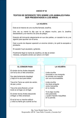 ANEXO Nº 02

    TEXTOS DE DIFERENTE TIPO SOBRE LOS ANIMALES PARA
              SER PRESENTADOS A LOS NIÑOS


                                     LA VICUÑITA

   Esta es la historia de una vicuñita llamada Josefina.

   Una vez su mamá le dijo que no se alejara mucho, pero la Josefina
   desobedeció y se marchó a la zona de peligro.

   Estando allí brincando alegremente en sus dos patitas, un cazador la vio y se
   agachó para apuntar con el arma.

   Casi a punto de disparar apareció un enorme cóndor y le quitó la escopeta a
   picotazos.

   El cazador huyó asustado y gritando.

   Finalmente llegó la mamá de Josefina y le dijo al cóndor:
   -Gracias, compadre cóndor por salvar a mi hijita”




          EL CÓNDOR PASA                                     LA VICUÑITA

El cóndor de los Andes despertó
con la luz de un feliz amanecer.                Linda vicuñita
                                                conociste a una mosquita
Sus alas lentamente desplegó                    te comiste una rosquita
y bajó al río azul para beber.                  con una rica ensaladita.

Tras él la Tierra se cubrió de verdor,          Linda vicuñita
de paz y amor.                                  me dices amiguita
                                                come manzanita
Tras el la rama floreció y el sol               en tu mesita.
brotó en el trigal, en el trigal.
                                                Yo te digo vicuñita
El cóndor de los Andes descendió                eres graciosita
al llegar un feliz amanecer.                    y quiero hacerte rosquillitas
                                                en tu pancita.
El sol al ver su marcha sollozó
y volcó su llanto gris cuando se fue.




                            Mg. Tania Medali Nuñez Tello
                Responsable AIP-IE “Juan Pablo Vizcardo y Guzmán Zea”
 