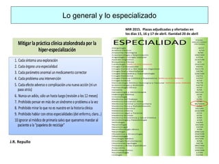Lo general y lo especializado
MIR 2015. Plazas adjudicadas y ofertadas en
los días 15, 16 y 17 de abril. ISanidad 20 de abril
J.R. Repullo
 