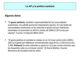 La AP y la política sanitaria
Algunos datos
• “El gasto sanitario -también responsabilidad de las comunidades
autónomas- ha sufrido asimismo importantes ajustes. En casi todas las
comunidades autónomas se ha reducido el gasto real por habitante,
situándose en promedio en 2013 a niveles de 2004 (1.357 euros per
cápita)”. Fuente: Fundación BBVA 2015
• “El gasto público en sanidad se redujo en un 12,5 por ciento entre 2009 y
2013 y el gasto por habitante territorializado cayó de los 1.510 euros a los
1.309. Primaria ha visto reducido su gasto en 15,2 por ciento mientras que
los hospitales sólo en un 4,6 por ciento”. El Diario Médico. Fuente:
Ministerio de Sanidad Informe 2013.
 