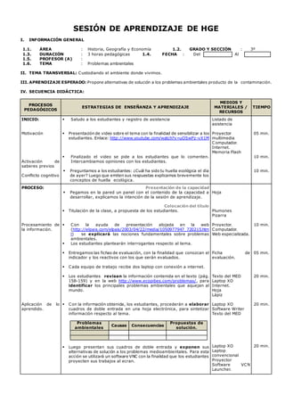 SESIÓN DE APRENDIZAJE DE HGE 
I. INFORMACIÓN GENERAL 
1.1. ÁREA : Historia, Geografía y Economía 1.2. GRADO Y SECCIÓN : 3º 
1.3. DURACIÓN : 3 horas pedagógicas 1.4. FECHA : Del Al 
1.5. PROFESOR (A) : 
1.6. TEMA : Problemas ambientales 
II. TEMA TRANSVERSAL: Custodiando el ambiente donde vivimos. 
III. APRENDIZAJE ESPERADO: Propone alternativas de solución a los problemas ambientales producto de la contaminación. 
IV. SECUENCIA DIDÁCTICA: 
PROCESOS 
PEDAGÓGICOS 
ESTRATEGIAS DE ENSEÑANZA Y APRENDIZAJE 
MEDIOS Y 
MATERIALES / 
RECURSOS 
TIEMPO 
INICIO: 
Motivación 
Activación de 
saberes previos 
Conflicto cognitivo 
 Saludo a los estudiantes y registro de asistencia 
 Presentación de video sobre el tema con la finalidad de sensibilizar a los 
estudiantes. Enlace: http://www.youtube.com/watch?v=uOSwPz-vX1M 
 Finalizado el video se pide a los estudiantes que lo comenten. 
Intercambiamos opiniones con los estudiantes. 
 Preguntamos a los estudiantes: ¿Cuál ha sido tu huella ecológica el día 
de ayer? Luego que emiten sus respuestas explicamos brevemente los 
conceptos de huella ecológica. 
Listado de 
asistencia 
Proyector 
multimedia 
Computador. 
Internet. 
Memoria Flash 
05 min. 
10 min. 
10 min. 
PROCESO: 
Procesamiento de 
la información. 
Aplicación de lo 
aprendido. 
Presentación de la capacidad 
 Pegamos en la pared un panel con el contenido de la capacidad a 
desarrollar, explicamos la intención de la sesión de aprendizaje. 
Colocación del título 
 Titulación de la clase, a propuesta de los estudiantes. 
 Con la ayuda de presentación alojada en la web 
(http://elpais.com/elpais/2003/04/22/media/1050977947_720215.htm 
l) se explicará las nociones fundamentales sobre problemas 
ambientales. 
 Los estudiantes plantearán interrogantes respecto al tema. 
 Entregamos las fichas de evaluación, con la finalidad que conozcan el 
indicador y los reactivos con los que serán evaluados. 
 Cada equipo de trabajo recibe dos laptop con conexión a internet. 
 Los estudiantes revisan la información contenida en el texto (pág. 
158-159) y en la web http://www.ecopibes.com/problemas/, para 
identificar los principales problemas ambientales que aquejan al 
mundo. 
 Con la información obtenida, los estudiantes, procederán a elaborar 
cuadros de doble entrada en una hoja electrónica, para sintetizar 
información respecto al tema. 
Problemas 
ambientales 
Causas Consecuencias 
Propuestas de 
solución. 
 Luego presentan sus cuadros de doble entrada y exponen sus 
alternativas de solución a los problemas medioambientales. Para esta 
acción se utilizará un software VNC con la finalidad que los estudiantes 
proyecten sus trabajos al ecran. 
Hoja 
Plumones 
Pizarra 
Proyector. 
Computador. 
Web especializada. 
Ficha de 
evaluación. 
Texto del MED 
Laptop XO 
Internet. 
Hoja 
Lápiz 
Laptop XO 
Software Writer 
Texto del MED 
Laptop XO 
Laptop 
convencional 
Proyector 
Software VCN 
Launcher. 
10 min. 
05 min. 
20 min. 
20 min. 
20 min. 
 