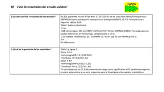 B/ ¿Son los resultados del estudio válidos?
6-¿Cuáles son los resultados de este estudio? 90.826 pacientes inician AO de ellos 27 147 (30 %) se les prescribe HBPM/Fondaparinux :
HBPM (tinzaparin,enoxaparin,nadroparina y dalteparina) 80 %,16,7 % Fondaparinux y
heparina cálcica 3,6%
Tabla 2 (valores absolutos)
1 mes
-318 hemorragias ;191 sin HBPM (30 %) 127 (47 %) con HBPM(p<0.001). Por subgrupos no
existen diferencias en hemorragia cerebral pero si en GI
-151 eventos trombóticos; 107 sin HBPM (17 %) 44 (16 %) con HBPM( p=0.84)
3 m
Sin diferencias
7-¿Cuál es la precisión de los resultados? Tabla 3 y figura 2.
Datos 0-1 m
-Hemorragia HR=1.6 (1.28-2,01)
-Trombosis HR=1 (0,70-1.42)
Datos 2-3 m
-Hemorragia HR=0,93(0,7-1,23)
-Trombosis HR=1,11 (0,76-1.64)
*si consideramos un 15 % de aumento de riesgo como significativo el IC para hemorragia no
cruzaría este umbral y no sería impreciso pero sí lo sería para los eventos trombóticos
 