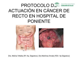 PROTOCOLO DE
ACTUACIÓN EN CÁNCER DE
RECTO EN HOSPITAL DE
PONIENTE
Dra. Molina Villalba (R1 Ap. Digestivo). Dra Martínez Amate (FEA Ap Digestivo)
 