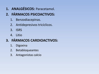 1. ANALGÉSICOS: Paracetamol.
2. FÁRMACOS PSICOACTIVOS:
1. Benzodiacepinas.
2. Antidepresivos tricíclicos.
3. ISRS
4. Litio
3. FÁRMACOS CARDIOACTIVOS:
1. Digoxina
2. Betabloqueantes
3. Antagonistas calcio
 