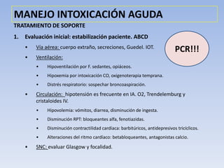 MANEJO INTOXICACIÓN AGUDA
TRATAMIENTO DE SOPORTE
1. Evaluación inicial: estabilización paciente. ABCD
• Vía aérea: cuerpo extraño, secreciones, Guedel. IOT.
• Ventilación:
• Hipoventilación por F. sedantes, opiáceos.
• Hipoxemia por intoxicación CO, oxigenoterapia temprana.
• Distrés respiratorio: sospechar broncoaspiración.
• Circulación: hipotensión es frecuente en IA. O2, Trendelemburg y
cristaloides IV.
• Hipovolemia: vómitos, diarrea, disminución de ingesta.
• Disminución RPT: bloqueantes alfa, fenotiazidas.
• Disminución contractilidad cardíaca: barbitúricos, antidepresivos tricíclicos.
• Alteraciones del ritmo cardíaco: betabloqueantes, antagonistas calcio.
• SNC: evaluar Glasgow y focalidad.
PCR!!!
 