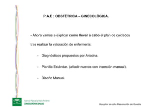 Hospital de Alta ResoluciHospital de Alta Resolucióón de Guadixn de Guadix
- Ahora vamos a explicar como llevar a cabo el plan de cuidados
tras realizar la valoración de enfermería:
- Diagnósticos propuestos por Ariadna.
- Planilla Estándar. (añadir nuevos con inserción manual).
- Diseño Manual.
P.A.E : OBSTÉTRICA – GINECOLÓGICA.
 