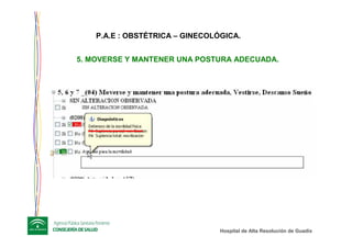 Hospital de Alta ResoluciHospital de Alta Resolucióón de Guadixn de Guadix
5. MOVERSE Y MANTENER UNA POSTURA ADECUADA.
P.A.E : OBSTÉTRICA – GINECOLÓGICA.
 