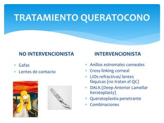 TRATAMIENTO QUERATOCONO
NO INTERVENCIONISTA
 Gafas
 Lentes de contacto
INTERVENCIONISTA
 Anillos estromales corneales
 Cross linking corneal
 LIOs refractivas/ lentes
fáquicas (no tratan el QC)
 DALK (Deep Anterior Lamellar
Keratoplasty)
 Queratoplastia penetrante
 Combinaciones
 