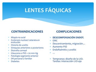LENTES FÁQUICAS
CONTRAINDICACIONES
 Miopía no axial
 Esclerosis nuclear/ catarata en
evolución
 Historia de uveítis
 Sinequias anteriores o posteriores
 Distrofia corneal
 Glaucoma o PIO > 20 mm Hg
 Patología segmento anterior
 DR personal o familiar
 Diabetes
COMPLICACIONES
 DESCOMPENSACIÓN ENDOT.
 EMC
 Descentramiento, migración…
 Aumento PIO
 Endoftalmitis y uveítis
 …
 Tempranas: diseño de la LIO.
Tardías: interacción LIO-ojo
 