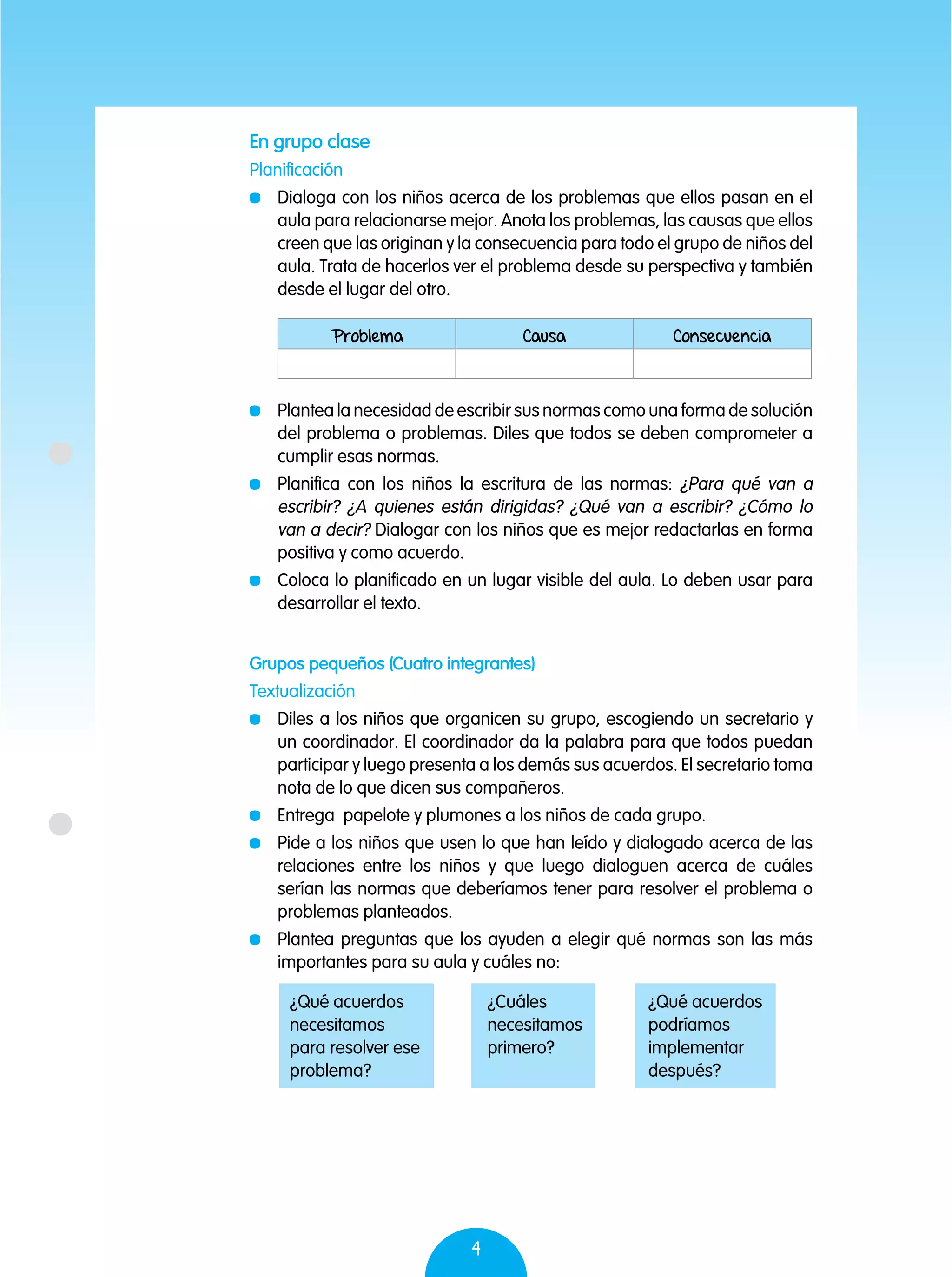 4
En grupo clase
Planificación
	 Dialoga con los niños acerca de los problemas que ellos pasan en el
aula para relacionarse mejor. Anota los problemas, las causas que ellos
creen que las originan y la consecuencia para todo el grupo de niños del
aula. Trata de hacerlos ver el problema desde su perspectiva y también
desde el lugar del otro.
Grupos pequeños (Cuatro integrantes)
Textualización
	 Diles a los niños que organicen su grupo, escogiendo un secretario y
un coordinador. El coordinador da la palabra para que todos puedan
participar y luego presenta a los demás sus acuerdos. El secretario toma
nota de lo que dicen sus compañeros.
	 Entrega papelote y plumones a los niños de cada grupo.
	 Pide a los niños que usen lo que han leído y dialogado acerca de las
relaciones entre los niños y que luego dialoguen acerca de cuáles
serían las normas que deberíamos tener para resolver el problema o
problemas planteados.
	 Plantea preguntas que los ayuden a elegir qué normas son las más
importantes para su aula y cuáles no:
	 Plantea la necesidad de escribir sus normas como una forma de solución
del problema o problemas. Diles que todos se deben comprometer a
cumplir esas normas.
	 Planifica con los niños la escritura de las normas: ¿Para qué van a
escribir? ¿A quienes están dirigidas? ¿Qué van a escribir? ¿Cómo lo
van a decir? Dialogar con los niños que es mejor redactarlas en forma
positiva y como acuerdo.
	 Coloca lo planificado en un lugar visible del aula. Lo deben usar para
desarrollar el texto.
Problema Causa Consecuencia
¿Qué acuerdos
necesitamos
para resolver ese
problema?
¿Cuáles
necesitamos
primero?
¿Qué acuerdos
podríamos
implementar
después?
 