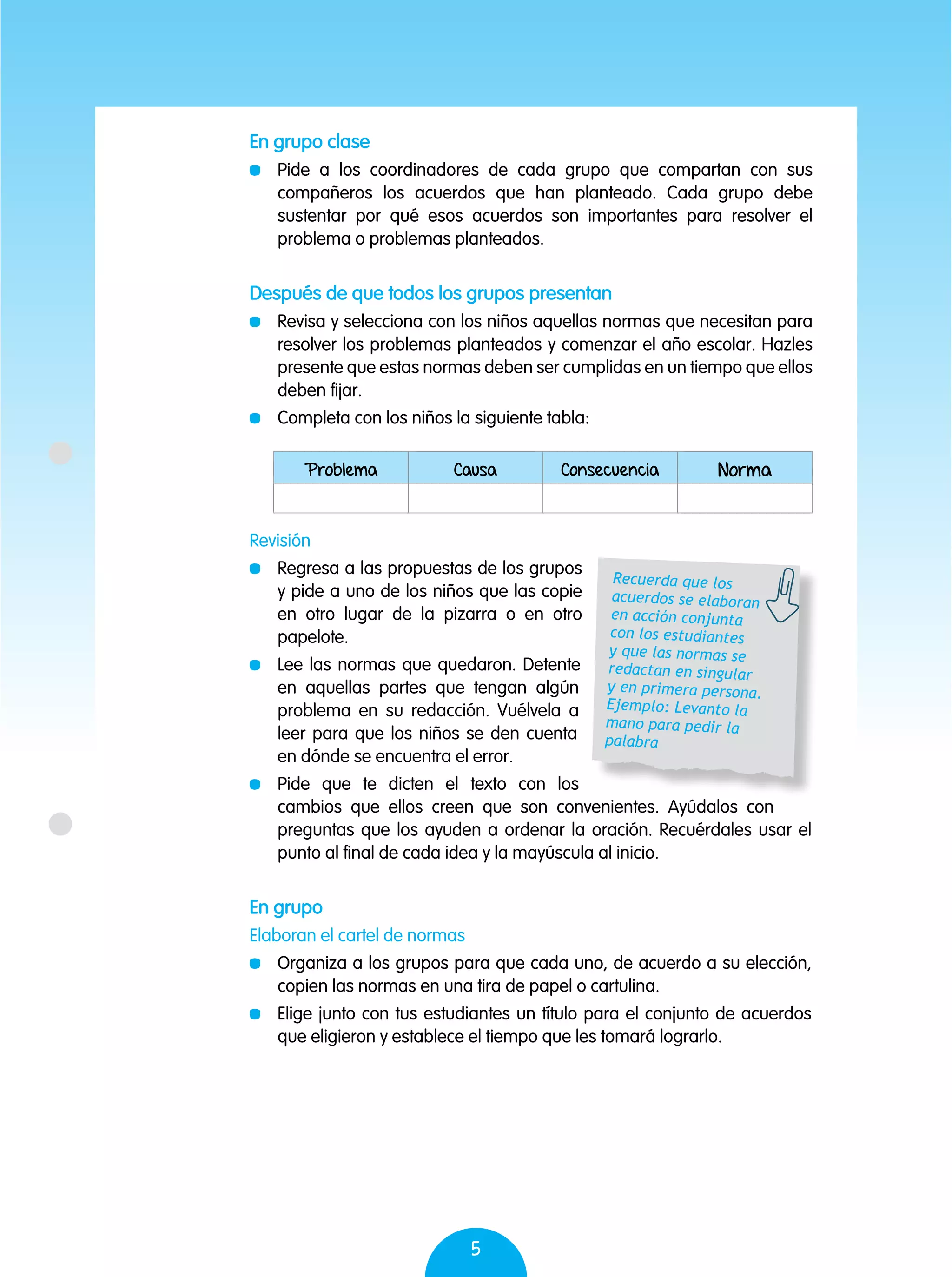 5
En grupo clase
	 Pide a los coordinadores de cada grupo que compartan con sus
compañeros los acuerdos que han planteado. Cada grupo debe
sustentar por qué esos acuerdos son importantes para resolver el
problema o problemas planteados.
Después de que todos los grupos presentan
	 Revisa y selecciona con los niños aquellas normas que necesitan para
resolver los problemas planteados y comenzar el año escolar. Hazles
presente que estas normas deben ser cumplidas en un tiempo que ellos
deben fijar.
	 Completa con los niños la siguiente tabla:
Revisión
	 Regresa a las propuestas de los grupos
y pide a uno de los niños que las copie
en otro lugar de la pizarra o en otro
papelote.
	 Lee las normas que quedaron. Detente
en aquellas partes que tengan algún
problema en su redacción. Vuélvela a
leer para que los niños se den cuenta
en dónde se encuentra el error.
	 Pide que te dicten el texto con los
cambios que ellos creen que son convenientes. Ayúdalos con
preguntas que los ayuden a ordenar la oración. Recuérdales usar el
punto al final de cada idea y la mayúscula al inicio.
En grupo
Elaboran el cartel de normas
	 Organiza a los grupos para que cada uno, de acuerdo a su elección,
copien las normas en una tira de papel o cartulina.
	 Elige junto con tus estudiantes un título para el conjunto de acuerdos
que eligieron y establece el tiempo que les tomará lograrlo.
Problema Causa Consecuencia Norma
Recuerda que los
acuerdos se elaboran
en acción conjunta
con los estudiantes
y que las normas se
redactan en singular
y en primera persona.
Ejemplo: Levanto la
mano para pedir la
palabra
 