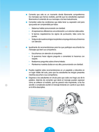 51
	 Comenta que este es un momento donde libremente compartiremos
los mensajes que hemos recibido, permite que los estudiantes expresen
libremente el contenido de sus mensajes o los lean textualmente.
	 Comenten sobre las condiciones que debe tener su expresión oral para
que pueda ser comprendida por todos:
	 Debemos hablar pronunciando con claridad.
	 Al expresarnos utilizaremos una entonación y un volumen adecuados.
	 Si leemos respetaremos los signos de puntuación, tales como los
puntos.
	 Sialgunodenuestrosamigosnosplanteaunapreguntaloescucharemos
con atención.
	 Igualmente da recomendaciones para los que participan escuchando los
mensajes que leen sus compañeros:
	 Escuchamos con atención al compañero.
	 Si queremos hacer alguna pregunta o comentario lo hacemos con
respeto.
	 Realizamos preguntas sobre el tema tratado.
	 Planteamos nuestras dudas en voz alta y pronunciando con claridad.
	 Puedes registrar estas recomendaciones en un papelote y colocarlas en
un lugar visible del aula, para que los estudiantes les tengan presentes
mientras escuchan a sus compañeros.
	 Organiza a los estudiantes en círculo para que cada uno haga uso de la
palabra. Además de comentar qué decía el mensaje pueden expresar
cómo se sintieron al recibirlo, qué les pareció más importante, si les fue
sencillo o complicado escribir el mensaje teniendo en cuenta lo que decía
en la ficha descriptiva.
Si alguno no desea
compartir su mensaje,
respeta su decisión.
Promueve un clima de
respeto y armonía
 