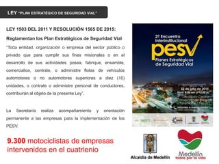 LEY “PLAN ESTRATÉGICO DE SEGURIDAD VIAL”
LEY 1503 DEL 2011 Y RESOLUCIÓN 1565 DE 2015:
Reglamentan los Plan Estratégicos de Seguridad Vial
“Toda entidad, organización o empresa del sector público o
privado que para cumplir sus fines misionales o en el
desarrollo de sus actividades posea, fabrique, ensamble,
comercialice, contrate, o administre flotas de vehículos
automotores o no automotores superiores a diez (10)
unidades, o contrate o administre personal de conductores,
contribuirán al objeto de la presente Ley”.
La Secretaría realiza acompañamiento y orientación
permanente a las empresas para la implementación de los
PESV.
9.300 motociclistas de empresas
intervenidos en el cuatrienio
 
