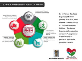 PLAN DE MOVILIDAD SEGURA DE MEDELLÍN 2014-2020”
En el Plan de Movilidad
Segura de Medellín
(PMSM) 2014-2020, en su
Área de Intervención No.
2: “Comportamientos,
Hábitos y Conductas
Seguras de los usuarios
de las vías”, se propone
la continuidad de
procesos educativos
para motociclistas.
 