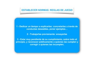 ESTABLECER NORMAS: REGLAS DE JUEGO
1 - Dedicar un tiempo a explicarlas: concretarlas a través de
conductas deseables, poner ejemplos…
2 - Trabajarlas previamente: ensayarlas
3 - Estar muy pendiente de su cumplimiento, sobre todo al
principio, y reconocer públicamente a quienes las cumplen y
corregir a quienes las incumplen.
 