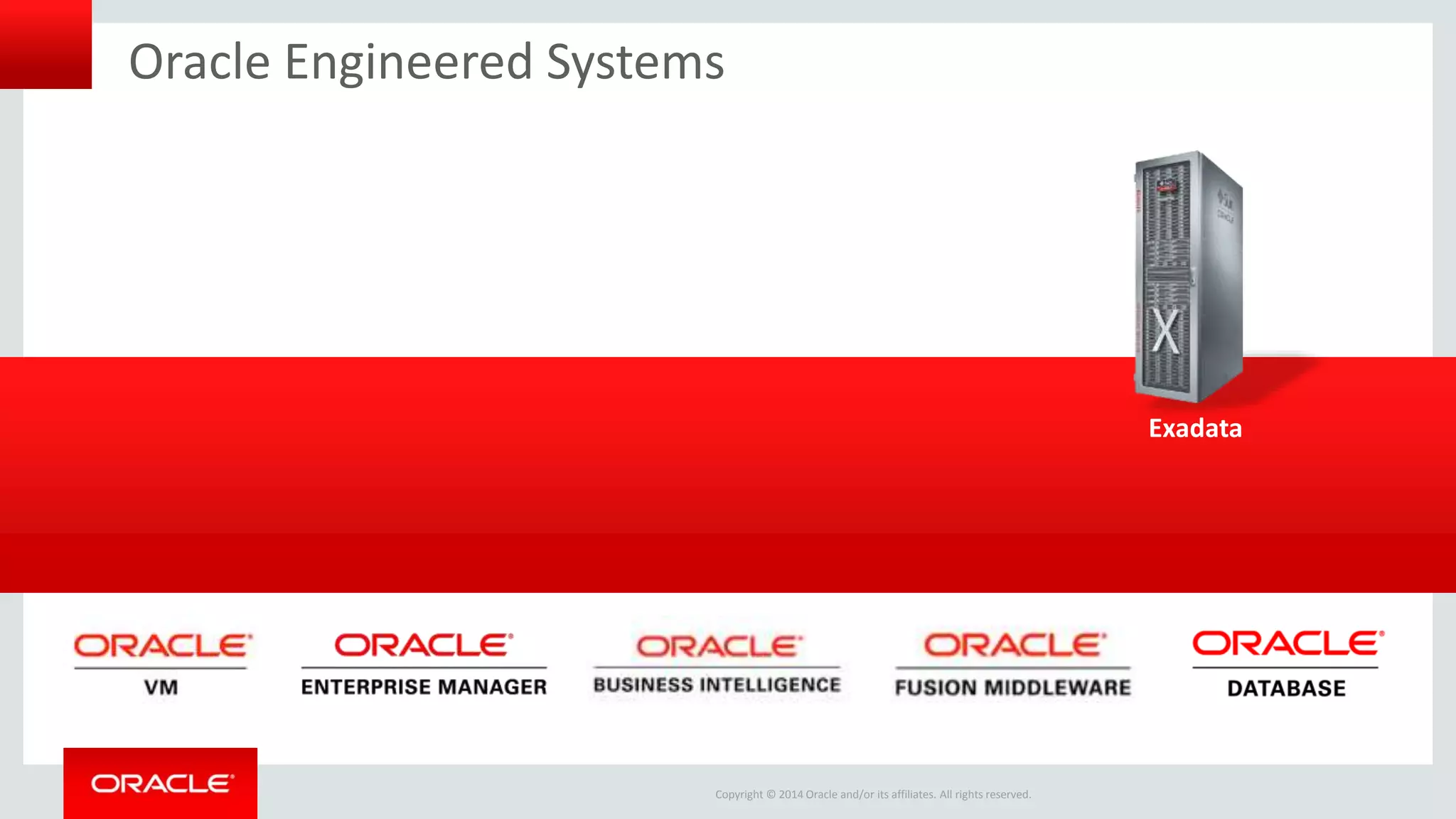 Copyright © 2014 Oracle and/or its affiliates. All rights reserved.
Oracle Engineered Systems
Exadata
 