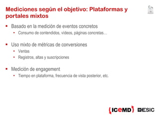 Mediciones según el objetivo: Plataformas y portales mixtos Basado en la medición de eventos concretos Consumo de contendidos, vídeos, páginas concretas… Uso mixto de métricas de conversiones Ventas Registros, altas y suscripciones Medición de engagement Tiempo en plataforma, frecuencia de vista posterior, etc. 