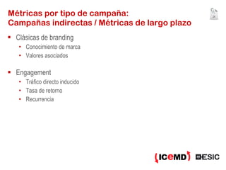 Métricas por tipo de campaña: Campañas indirectas / Métricas de largo plazo Clásicas de branding Conocimiento de marca Valores asociados Engagement Tráfico directo inducido Tasa de retorno Recurrencia 