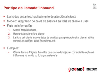 Por tipo de llamada: inbound Llamadas entrantes, habitualmente de atención al cliente Modelo: Integración de datos de analítica en ficha de cliente a usar Flujo de información Cliente realiza llamada Responsable abre ficha cliente La ficha del cliente incluye datos de analítica para proporcional al cliente: tráfico general, específico, datos financieros, etc Ejemplos: Cliente llama a Páginas Amarillas para darse de baja y el comercial le explica el tráfico que ha tenido su ficha para retenerle 