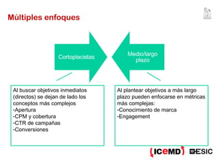 Múltiples enfoques Al buscar objetivos inmediatos (directos) se dejan de lado los conceptos más complejos Apertura  CPM y cobertura CTR de campañas Conversiones Al plantear objetivos a más largo plazo pueden enfocarse en métricas más complejas: Conocimiento de marca Engagement 