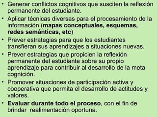 Generar conflictos cognitivos que susciten la reflexión permanente del estudiante. Aplicar técnicas diversas para el procesamiento de la información ( mapas conceptuales, esquemas, redes semánticas, etc ) Prever estrategias para que los estudiantes transfieran sus aprendizajes a situaciones nuevas. Prever estrategias que propicien la reflexión permanente del estudiante sobre su propio aprendizaje para contribuir al desarrollo de la meta cognición. Promover situaciones de participación activa y cooperativa que permita el desarrollo de actitudes y valores. Evaluar durante todo el proceso , con el fin de brindar  realimentación oportuna. 