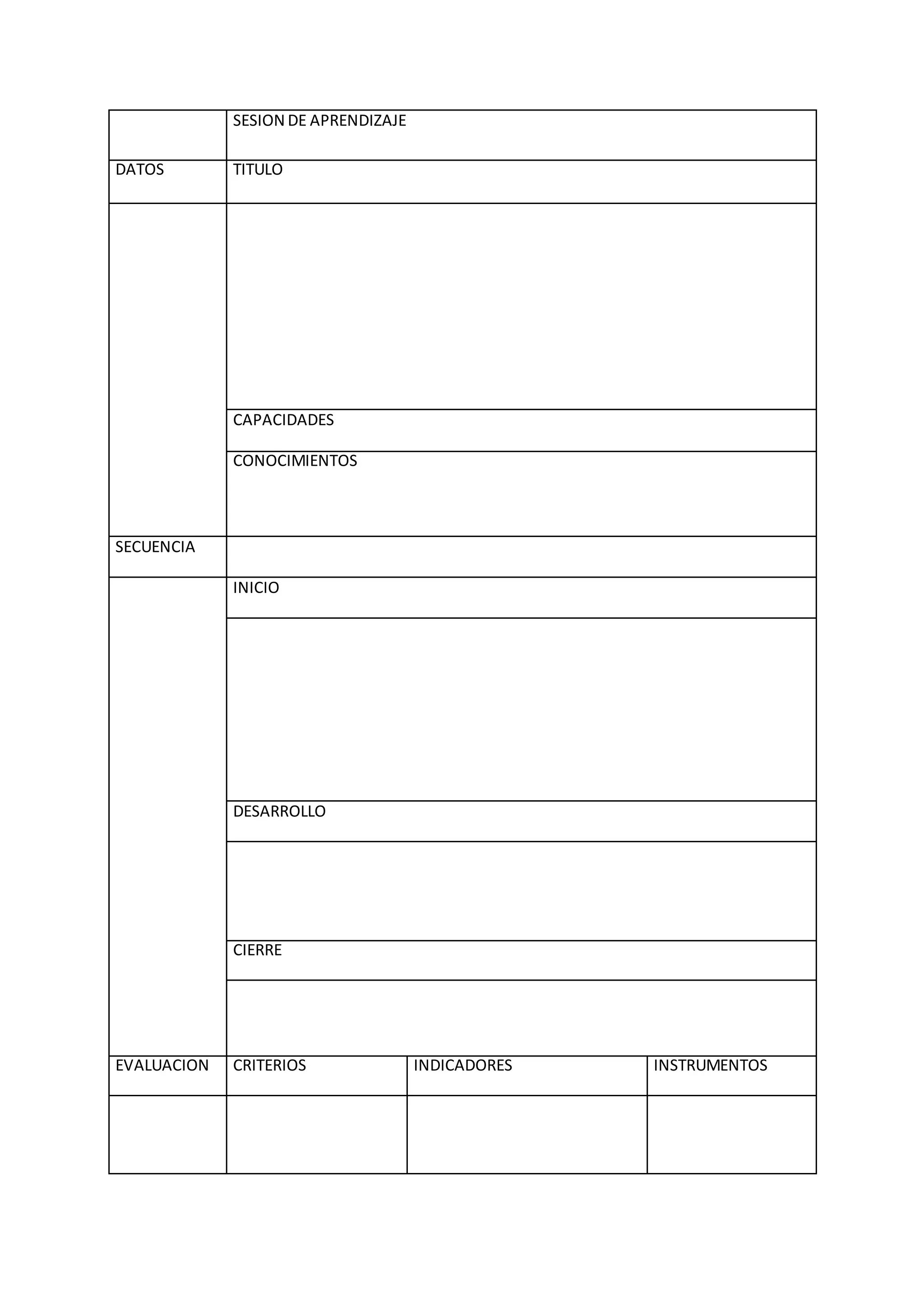 SESION DE APRENDIZAJE
DATOS TITULO
CAPACIDADES
CONOCIMIENTOS
SECUENCIA
INICIO
DESARROLLO
CIERRE
EVALUACION CRITERIOS INDICADORES INSTRUMENTOS