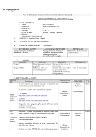 I.E. “Gral Roque Saen Peña”
         San Miguel


                                    “Año de la Integración Nacional y el Reconocimiento de Nuestra Diversidad”

                                                           SESIÓN DE APRENDIZAJE SIGNIFICATIVO Nº:__2_

                 I.-           DATOS GENERALES:
                               1.1. ÁREA                         : Educación Física
                               1.2. DOCENTE                      : Prof. Suazo romero Luis
                               1.3. BIMESTRE                     :I
                               1.4. GRADO                        : A, B y C
                               1.5. Nº DE HORAS                  : 90 mits. TURNO: Mañana
                               1.6. FECHA                        :
                               1.7. CONTENIDO TRANSVERSAL:
                 II.-          UNIDAD Nº I: Condición Física y Salud

                 III.-         TÍTULO: DATOS BIO ANTROPOMETRICOS

                 IV.           CAPACIDADES PRIORIZADAS Y CONTENIDOS

                         CAPACIDADES DE AREA                         APRENDIZAJES ESPERADOS                     CONTENIDOS
                  Comprensión y desarrollo de la                  Aplica y representa mediciones         Elaboración de la ficha bio
                 corporeidad y la salud                           biométricas al elaborar cuadros        antropométrica
                                                                  estadísticos y gráficas
                                                                  con la información recogida

                         V.      VALORES
                              VALORES                        ACTITUD                      INDICADOR                INSTRUMENTO
                 Respeto                            Respeta a sus compañeros      Cumple con las normas de
                                                    y docente                     convivencia
                 Responsabilidad                    Reflexiona sobre sus          Muestra responsabilidad en     Ficha de observación
                                                    medidas corporales            el aprendizaje de la
                                                                                  elaboración de la ficha bio
                                                                                  antropométrica

              VI. DESARROLLO DE LA SESIÓN:
           MOMENT                                                                           Método/técnica
                                Actividades                                                                       RECURSOS         TPO.
           OS                                                                                estrategias
                     Se inicia la sesión con el saludo respectivo y recordando las                                  Pizarra        10 min
                     normas de convivencia básicas del aula.                                                       Plumones

                              Se Observa un video sobre la contextura corporal.
                                                                                                Método           Fichas impresas
                                HOMBRES                                                     interrogativo –
           INICIO             http://www.youtube.com/watch?v=9U786ojqqzs                        diálogo
           Motivación
           (saber             MUJERES
           previo)            http://www.youtube.com/watch?v=Nn3J-D9b1QM

                              Responden a las preguntas ¿Por qué la diferencia de la
                              contextura corporal?
                              Comentan sus respuestas.

           PRO-               Proceden a usar los instrumentos de medición, como cinta                                             50 min
           CESO               métrica, balanza y luego se toman medidas corporales.        Organización de          Lap Top
                                                                                            la información          Internet
           Construcci         Diseñan la ficha bio antropométrica en word
           ón de              Luego ingresan datos.
           saberes I
                              Diseñan diapositivas referentes al tema y las exponen. En
                              openoffice.org impress                                          Método
                                                                                            Resolución de
                              Realizan una tabla OFFICE.CAL con los datos generados.         problemas
 