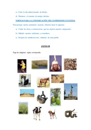 c) Evitar la tala indiscriminada de árboles.
d) Disminuir el consumo de energía eléctrica.
NORMAS PARA LA CONSERVACIÓN DEL PATRIMONIO CULTURAL
Para proteger nuestro patrimonio nacional, debemos hacer lo siguiente:
a) Cuidar las obras y construcciones que nos dejaron nuestros antepasados.
b) Difundir nuestras tradiciones y costumbres.
c) Respetar las manifestaciones culturales de cada pueblo.
ANEXO 08
Pega las imágenes según corresponda:
 